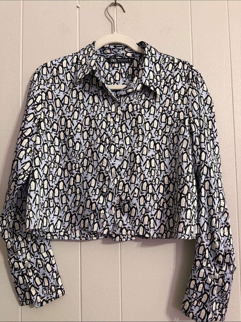 Zara Light Blue Penguin Print Cropped Button-Down Shirt